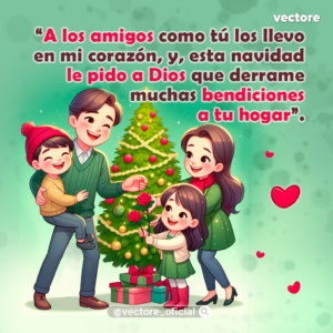 Ilustración tierna de una familia navideña donde una niña le entrega rosas rojas a su madre frente a un pino de Navidad iluminado en un fondo verde pastel.