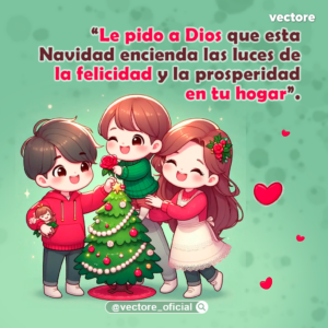 Dibujo navideño de un padre, una madre y su hijo pequeño sonriendo mientras decoran la estrella de un árbol de Navidad en un fondo verde suave con corazones.
