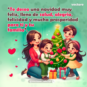 Caricatura colorida de una familia celebrando la Navidad; un niño pequeño le da una rosa roja a su hermana junto a un árbol navideño con una estrella dorada.