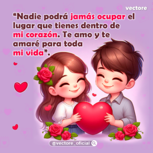 Arte digital de una pareja infantil sonriente sosteniendo juntos un gran corazón rojo; la niña lleva una rosa en el cabello y viste de blanco, y el niño viste una camisa gris, enmarcados por rosas rojas en la parte inferior sobre un fondo morado claro con siluetas de corazones.