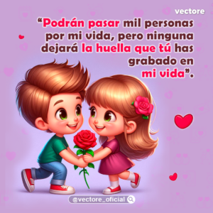 Dibujo animado tierno de un niño y una niña mirándose alegremente con grandes ojos verdes mientras sostienen juntos una rosa roja con tallo, sobre un fondo de tonalidad lila decorado con pequeños corazones.