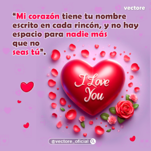 Composición romántica tridimensional que muestra un gran corazón rojo brillante en el centro con la frase "I Love You" escrita en letras blancas cursivas, rodeado de pétalos flotantes y rosas rojas detalladas sobre un fondo morado texturizado.