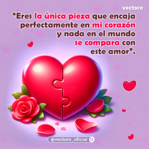 Ilustración digital en 3D que muestra un gran corazón rojo brillante formado por dos piezas de rompecabezas perfectamente unidas, acompañado de una rosa roja abierta, pétalos caídos y un fondo lila con corazones difuminados.