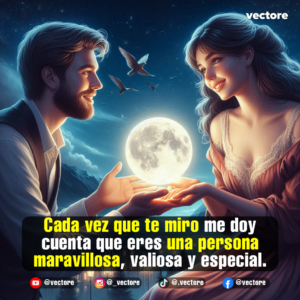 Ilustración de estilo fantástico con un hombre con barba y una mujer con vestido clásico mirándose amorosamente mientras sostienen juntos una pequeña luna brillante entre sus manos, bajo un cielo nocturno con aves volando.