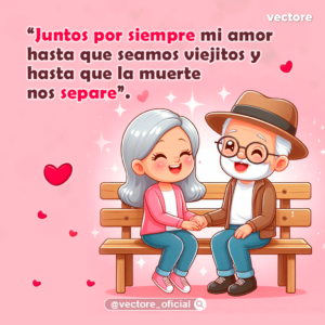 Ilustración animada de una pareja de ancianos sonrientes sentados en una banca de parque tomados de la mano, sobre un fondo rosa con corazones y destellos brillantes.