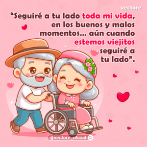 Dibujo tierno de un anciano sonriente empujando con amor a su esposa anciana en una silla de ruedas, ambos con expresiones de felicidad sobre un fondo rosa decorado con corazones.