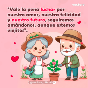 Caricatura de una pareja de abuelitos con sombreros cuidando alegremente de una planta en una maceta, ella con una regadera azul y él con una herramienta de jardinería.