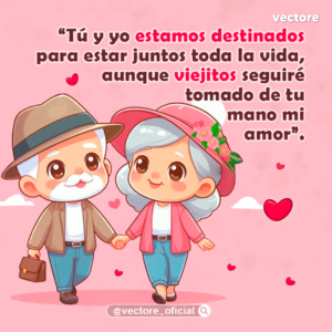 Ilustración romántica de una pareja de ancianos caminando de la mano felizmente; el abuelito lleva un maletín marrón y sombrero, y la abuelita luce un sombrero rosa con flores decorativas.