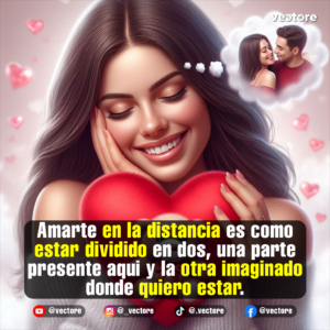 Ilustración de una mujer sonriente con los ojos cerrados que abraza un cojín de corazón rojo, mientras imagina en una nube de pensamiento un tierno abrazo con su pareja.