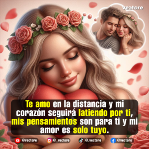 Retrato digital de una mujer con una corona de rosas rosas en el cabello abrazando un gran corazón rojo con los ojos cerrados, y una burbuja de pensamiento que muestra a una pareja abrazada.