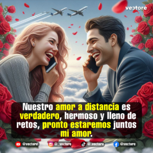 Arte digital que muestra a un hombre y una mujer felices hablando por teléfono celular frente a frente en un entorno de ensueño sobre las nubes, enmarcados por rosas rojas y aviones en el cielo.
