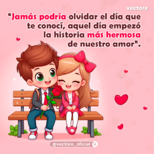 Ilustración digital de una adorable pareja escolar sentada en una banca de madera; el niño viste un traje escolar con corbata roja y le entrega una rosa a la niña, quien lleva un gran moño rojo y un saco rosa, rodeados de corazones.