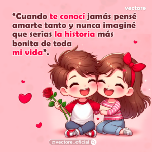 Dibujo animado de un niño con playera roja y blanca sentado en el suelo junto a una niña con blusa de rayas rosadas; el niño sostiene una rosa roja mientras ambos se abrazan de lado y sonríen con los ojos cerrados en un fondo rosa.
