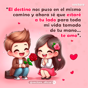 Tierno arte digital de un niño de rodillas con chaqueta marrón que le ofrece una rosa roja a una niña con una flor en el cabello que junta sus manos con timidez y alegría, sobre un fondo rosa pastel con corazones flotantes.