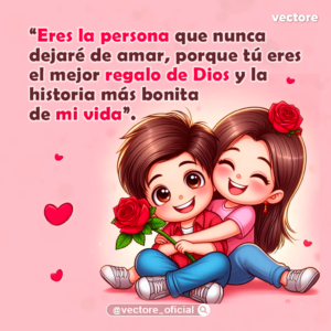 Ilustración romántica de una niña con una rosa en el cabello abrazando fuertemente por la espalda a un niño con camisa roja a cuadros mientras él sostiene una rosa roja, ambos sonriendo alegremente sobre un fondo rosado.