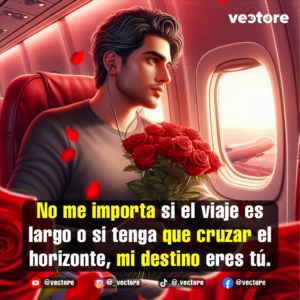 Ilustración digital en 3D de un joven apuesto sentado junto a la ventanilla de un avión en pleno vuelo, usando audífonos y sosteniendo un gran ramo de rosas rojas mientras mira hacia el exterior.