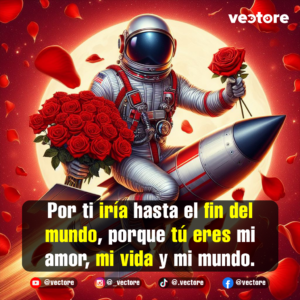 Arte digital creativo de un astronauta con traje espacial completo que viaja montado sobre un cohete en el espacio exterior, sosteniendo un gran ramo de rosas rojas frente a una gran luna brillante.