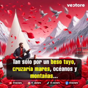 Composición digital de un hombre con barba navegando en un pequeño bote de madera con rosas rojas, rodeado de un paisaje invernal con montañas cubiertas de nieve y hojas rojas flotando en el aire.