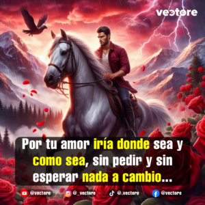 Escena dramática en 3D de un hombre con camisa roja cabalgando un caballo blanco a través de una tormenta con rayos, rodeado de montañas nevadas y un campo adornado con rosas rojas en primer plano.