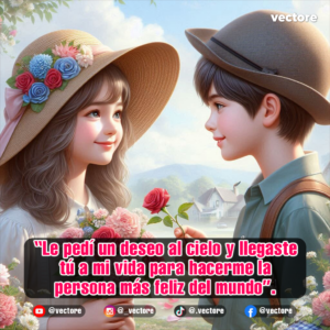 Ilustración de estilo animado donde un niño con sombrero marrón le regala una rosa roja a una niña con sombrero de paja decorado con flores azules y rojas en un entorno campestre.