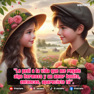 Imagen romántica de un niño con boina entregándole un gran ramo de rosas rojas y rosadas a una niña con sombrero floral, ambientada en un campo verde difuminado durante el amanecer.