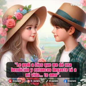 Dibujo digital de una pareja de niños con sombreros mirándose con ternura; la niña lleva rosas en su sombrero de paja y sostiene un ramo floral en un paisaje natural con aves blancas al fondo.