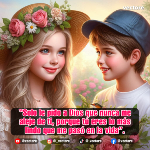 Ilustración romántica de una niña con sombrero de paja decorado con rosas rosadas mirando fijamente a un niño con gorra azul, rodeados de flores en un ambiente iluminado por el atardecer.