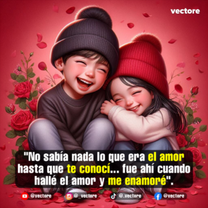 Ilustración digital de estilo tierno y romántico con una pareja de niños sonriendo alegremente; el niño lleva un gorro gris y la niña un gorro rojo, sentados juntos frente a un arreglo de rosas rojas sobre un fondo rosado con pétalos flotantes.