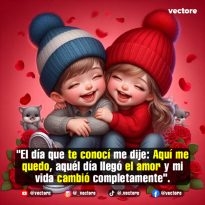 Arte digital de una feliz pareja infantil abrazándose con ternura; el niño viste un gorro azul con rayas blancas y la niña un gorro rojo, acompañados de dos pequeños gatitos grises entre un ramo de rosas rojas.