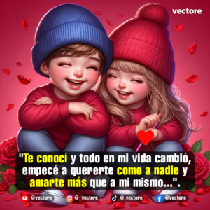Dibujo romántico de una pareja de niños sonrientes sentados juntos; el niño con un gorro azul y suéter rojo cruza los brazos, mientras la niña con gorro rojo sostiene un elemento decorativo junto a un corazón rojo brillante en primer plano.