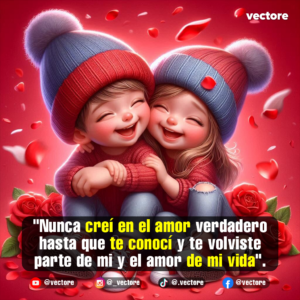 Ilustración digital de una adorable pareja infantil sonriendo de oreja a oreja abrazados; ambos lucen gorros de lana tejidos en color rojo y azul, rodeados de rosas rojas y pétalos flotando en un fondo carmesí.