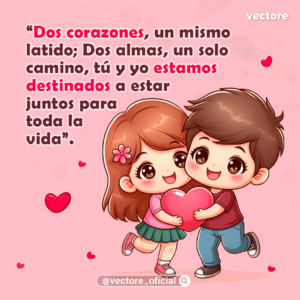 Ilustración digital de estilo caricatura romántica donde una niña con falda verde y un niño con playera guinda corren alegremente mientras sostienen juntos un gran corazón rojo, sobre un fondo rosado.