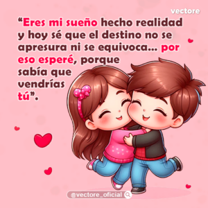 Ilustración tierno de un niño con chaqueta oscura y una niña con una diadema rosa con un moño brillante; ambos se abrazan efusivamente con los ojos cerrados y sonrisas felices sobre un fondo rosa con corazones.