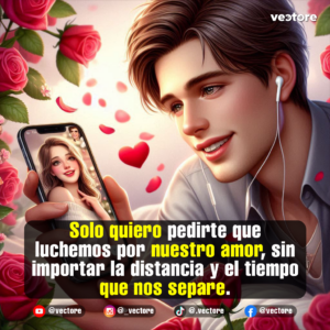 Ilustración digital romántica de un joven sonriente con audífonos puestos que sostiene su teléfono celular mostrando una videollamada con una chica, enmarcado por rosas rosadas y pétalos flotantes.