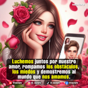Arte en 3D de una hermosa joven de ojos claros sonriendo mientras sostiene su smartphone, mostrando en la pantalla la cara de su novio en una videollamada, rodeada de rosas de tonos rosa y rojo.