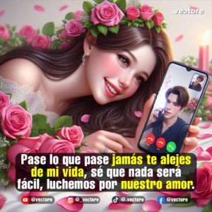 Dibujo romántico de una chica recostada sonriente con una corona de rosas en la cabeza, sosteniendo un teléfono móvil que muestra una videollamada activa con su pareja en un ambiente decorado con velas y pétalos.