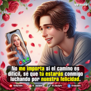 Ilustración digital de un chico de cabello castaño sonriendo felizmente mientras mira su celular durante una videollamada con su novia, decorado con un fondo lleno de rosas rojas y pétalos flotantes en el aire.