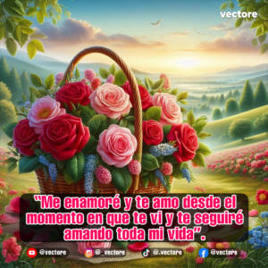 Paisaje campestre e idílico iluminado por el amanecer que destaca una gran canasta de mimbre repleta de rosas frescas en tonos rojos y rosados, rodeada de un campo verde cubierto de flores.