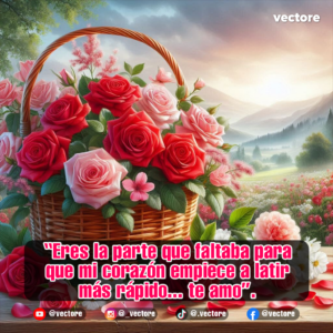 Hermosa canasta de mimbre con un arreglo floral de rosas rojas y rosadas colocada sobre una mesa de madera rústica, con un fondo de colinas verdes, neblina matutina y flores silvestres bajo un cielo suave.