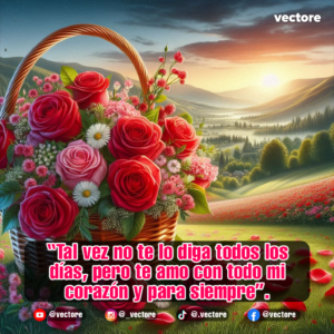 Composición romántica de una cesta tejida repleta de rosas rojas intensas y margaritas blancas situadada en un prado verde, con un fondo de colinas iluminadas por el sol poniente y un camino de flores.