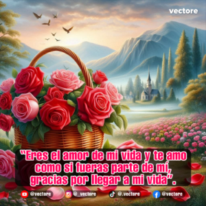 Imagen de una cesta con rosas rosadas y rojas en primer plano, con una vista de fondo que muestra un prado florido, un riachuelo y una pequeña iglesia blanca cerca de las montañas bajo un cielo despejado.