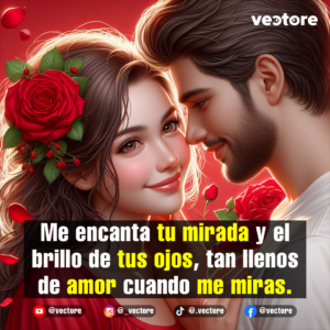 Arte digital de una hermosa pareja joven en un plano cercano y romántico. La mujer tiene una gran rosa roja con hojas verdes en su cabello castaño y sonríe con ternura, mientras el hombre con barba ligera la contempla con amor bajo una iluminación cálida.