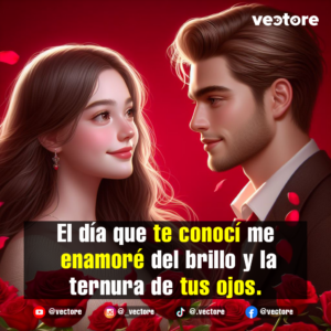 Pareja de enamorados mirándose profundamente a los ojos en una escena nocturna o de fondo oscuro iluminada por tonos rojos. El hombre lleva un traje elegante y la mujer tiene el cabello largo y ondulado, enmarcados por un jardín de rosas rojas en primer plano.