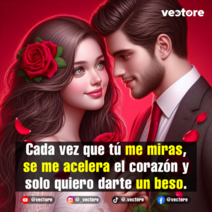 Ilustración detallada de un hombre con traje formal y corbata roja mirando con pasión a una mujer de cabello largo adornado con una rosa roja. Las miradas cruzadas transmiten romance y complicidad en un fondo iluminado con destellos y pétalos carmesí.