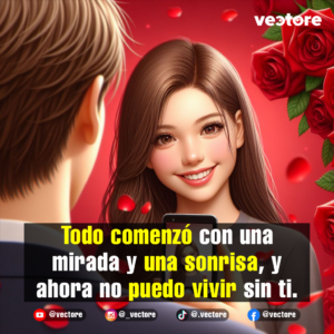 Una joven mujer de cabello largo castaño sonríe alegremente mientras sostiene un teléfono inteligente frente a un hombre, cuyo reflejo o captura aparece en la pantalla. Rosas rojas y pétalos flotantes complementan el romántico fondo rojo.