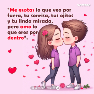Dibujo infantil en estilo chibi de un niño y una niña con camisetas moradas dándose un tierno beso en los labios, rodeados de corazones y pétalos de rosa que caen sobre un fondo rosa claro.