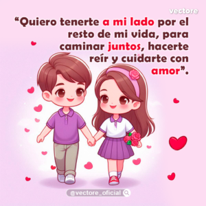 Ilustración en estilo chibi de una pareja de niños caminando de la mano con una sonrisa; la niña lleva un vestido morado y sostiene un ramo de rosas, acompañados de pequeños corazones de fondo.