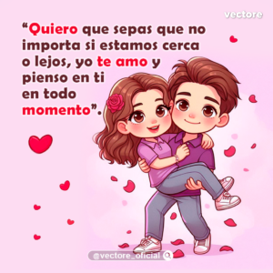 Arte caricaturesco de un niño chibi cargando felizmente a una niña en sus brazos en un fondo rosa pastel con corazones, ambos vestidos con ropa morada y sonriendo con ternura.