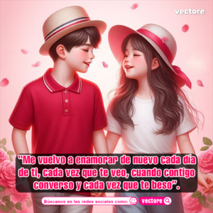 Ilustración de una pareja de niños tomados de la mano y mirándose con ternura en un campo de rosas, vistiendo ropa casual y sombreros de paja bajo un fondo suave.
