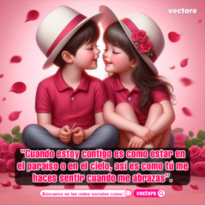 Arte conceptual de dos niños pequeños sentados juntos sonriendo con cariño, usando sombreros blancos con listón rosa, rodeados de flores y pétalos flotantes.